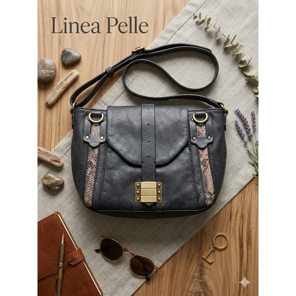 LP by Linea Pelle Black Leather Snakeskin Trim Crossbody Bag Brass Hardware